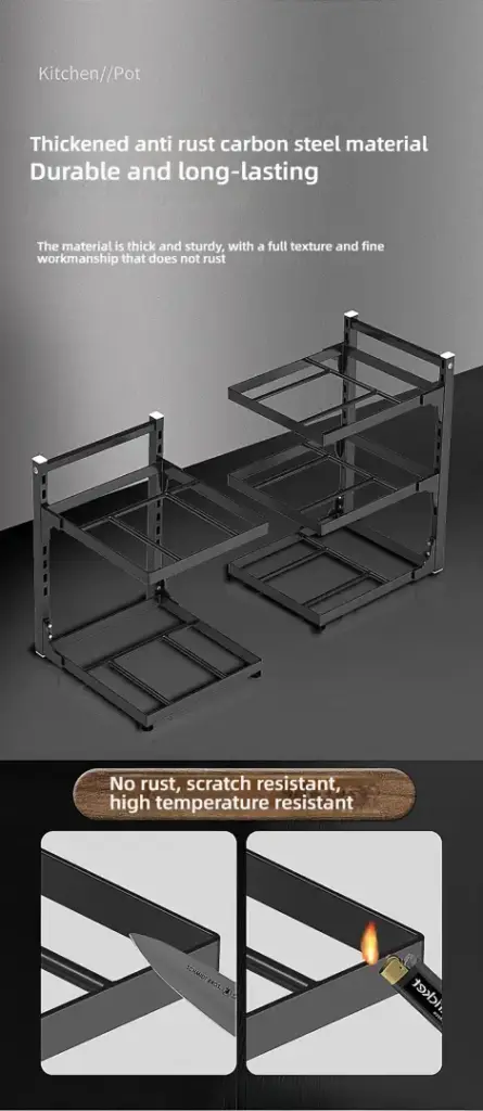 Durable anti-rust carbon steel kitchen pot rack.