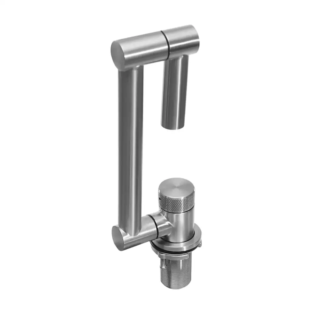 Stainless steel modern kitchen faucet with a sleek design.