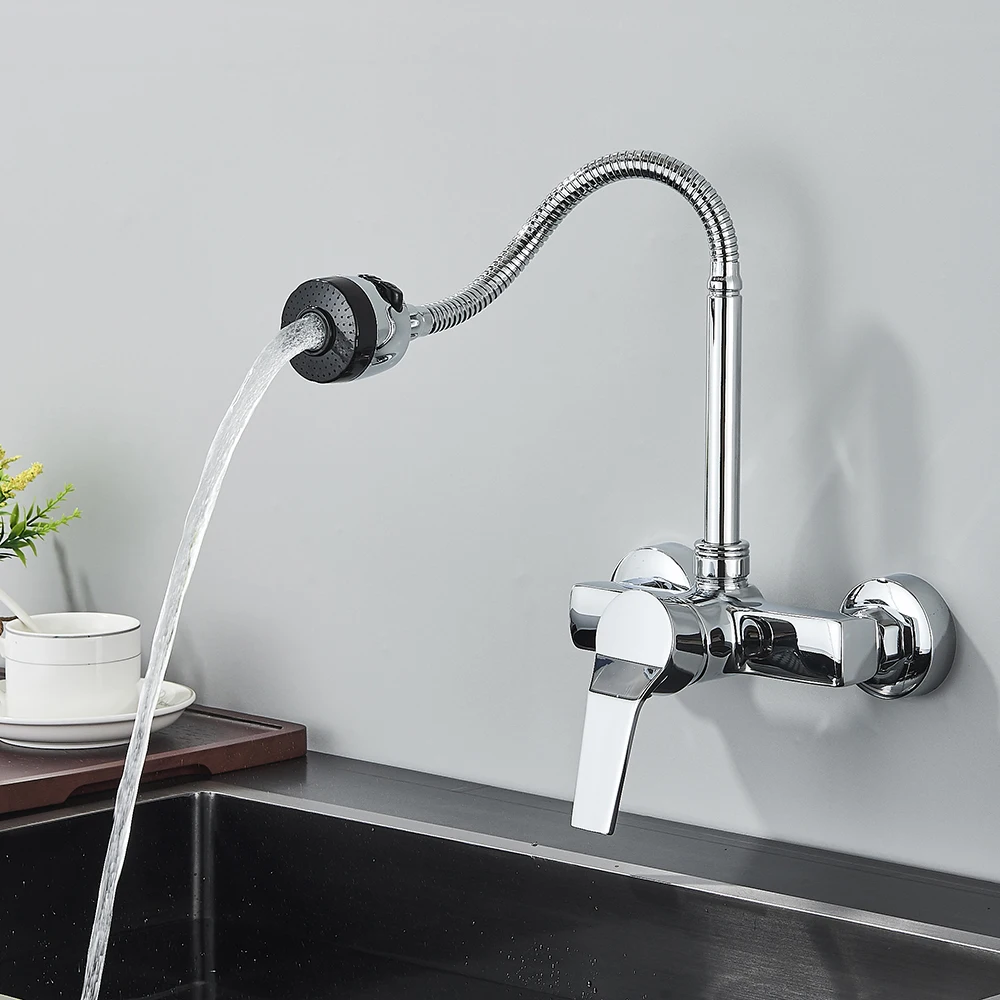 Modern chrome kitchen faucet with flexible spout over a sink.