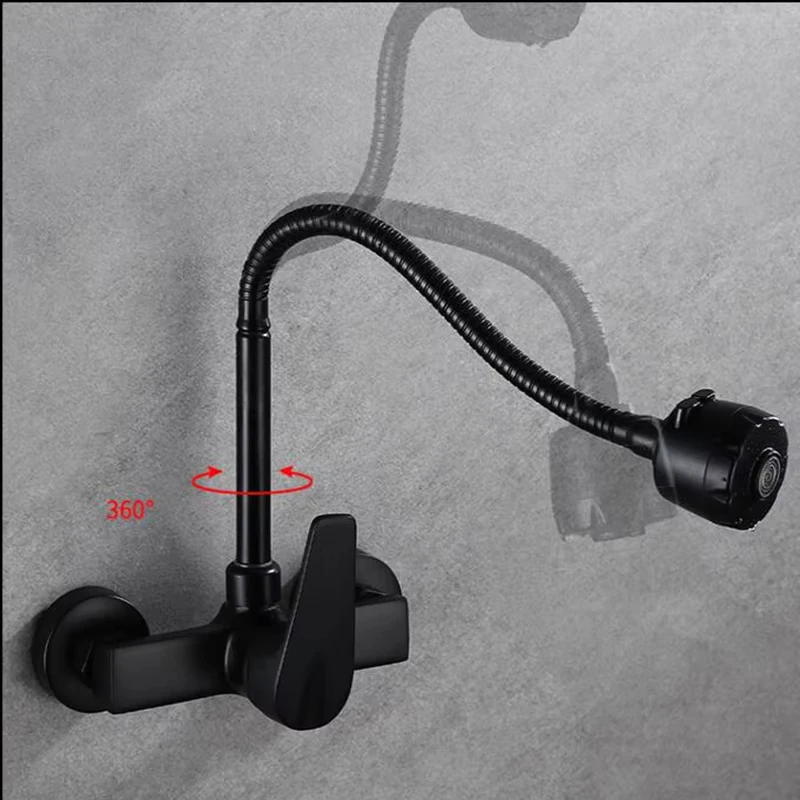 Black flexible kitchen faucet with 360-degree rotation on gray wall.