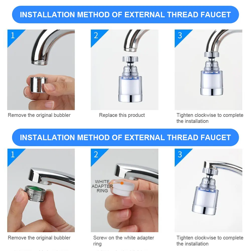 Step-by-step installation guide for external thread faucet.