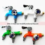 Four colorful multifunctional faucets in blue, white, green, and orange.