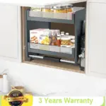 منظم خزانة مطبخ قابل للسحب مع أصناف طعام متنوعة وملصق ضمان 3 سنوات.