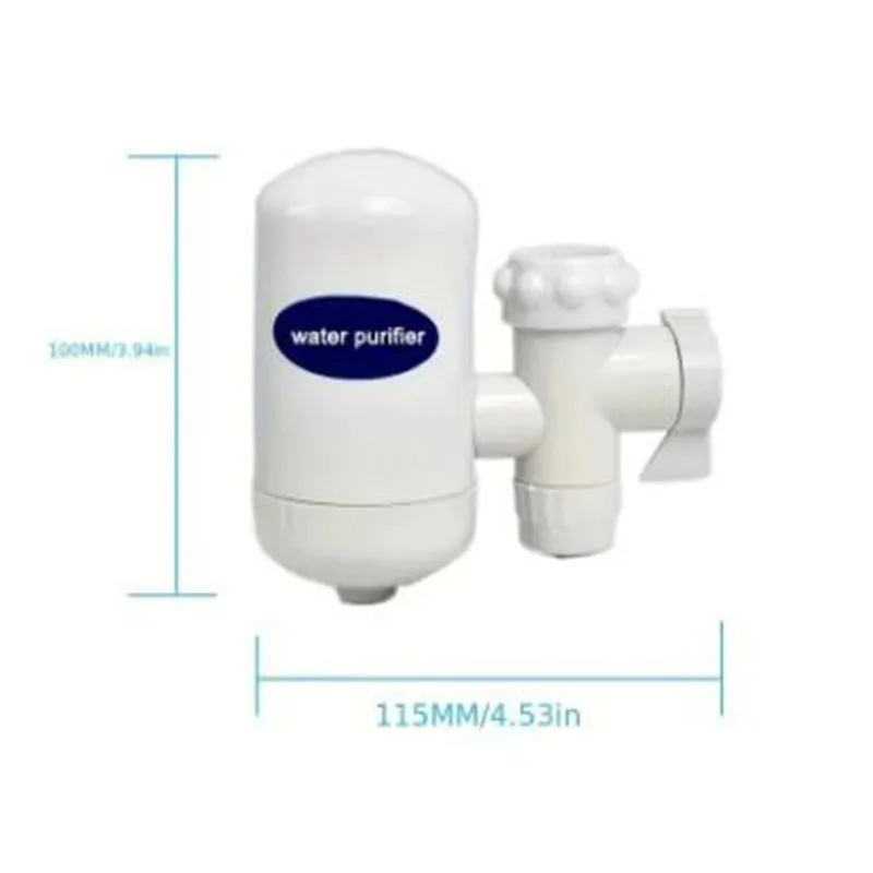 Compact white water purifier with dimensions labeled.