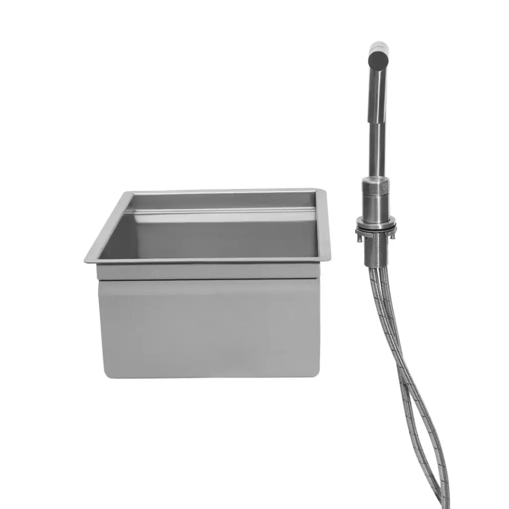 Stainless steel kitchen sink with pull-out faucet.