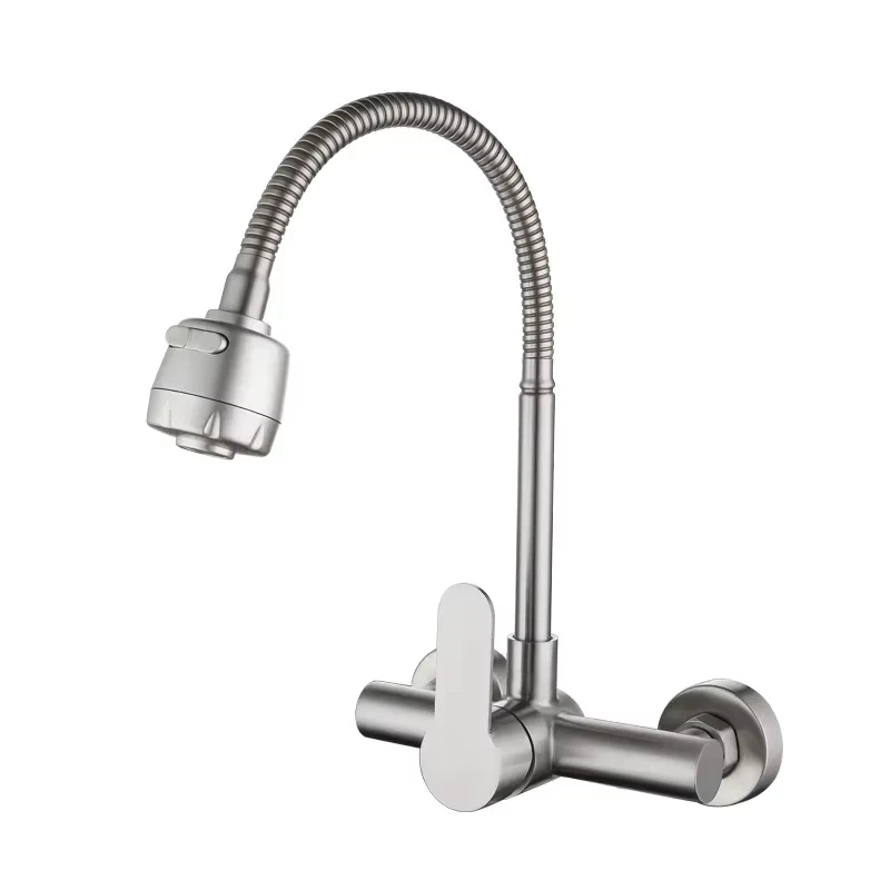 Stainless steel wall-mounted kitchen faucet with flexible spout.