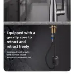 Gravity core faucet with automatic retraction feature.