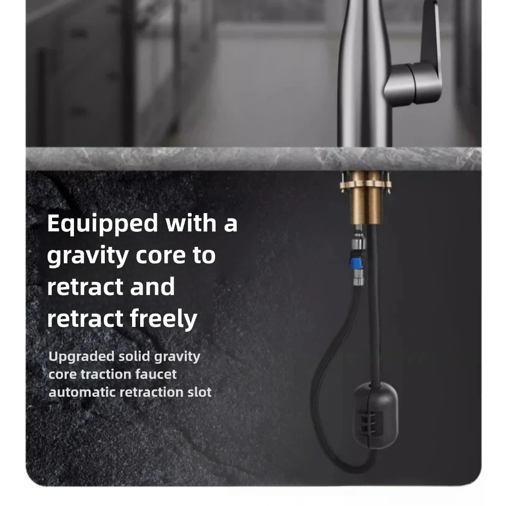 Gravity core faucet with automatic retraction feature.