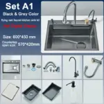 Set A1 kitchen sink kit with faucet and accessories in black and grey.