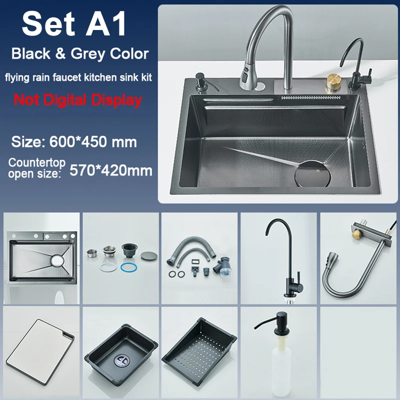 Set A1 kitchen sink kit with faucet and accessories in black and grey.