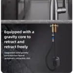 Gravity core faucet with automatic retraction feature.