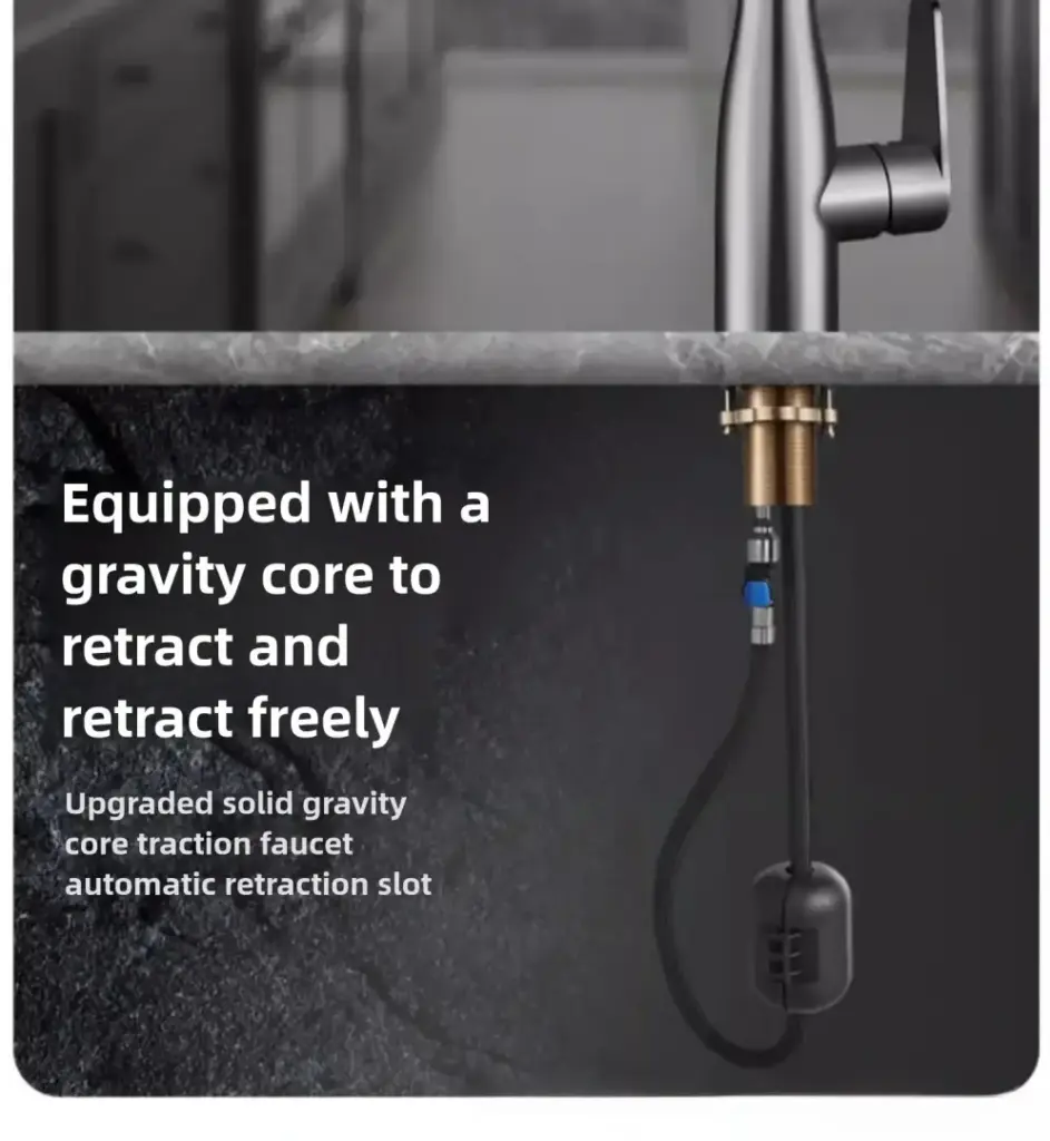 Gravity core faucet with automatic retraction feature.