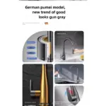 Gun gray kitchen faucet with modern design and features.