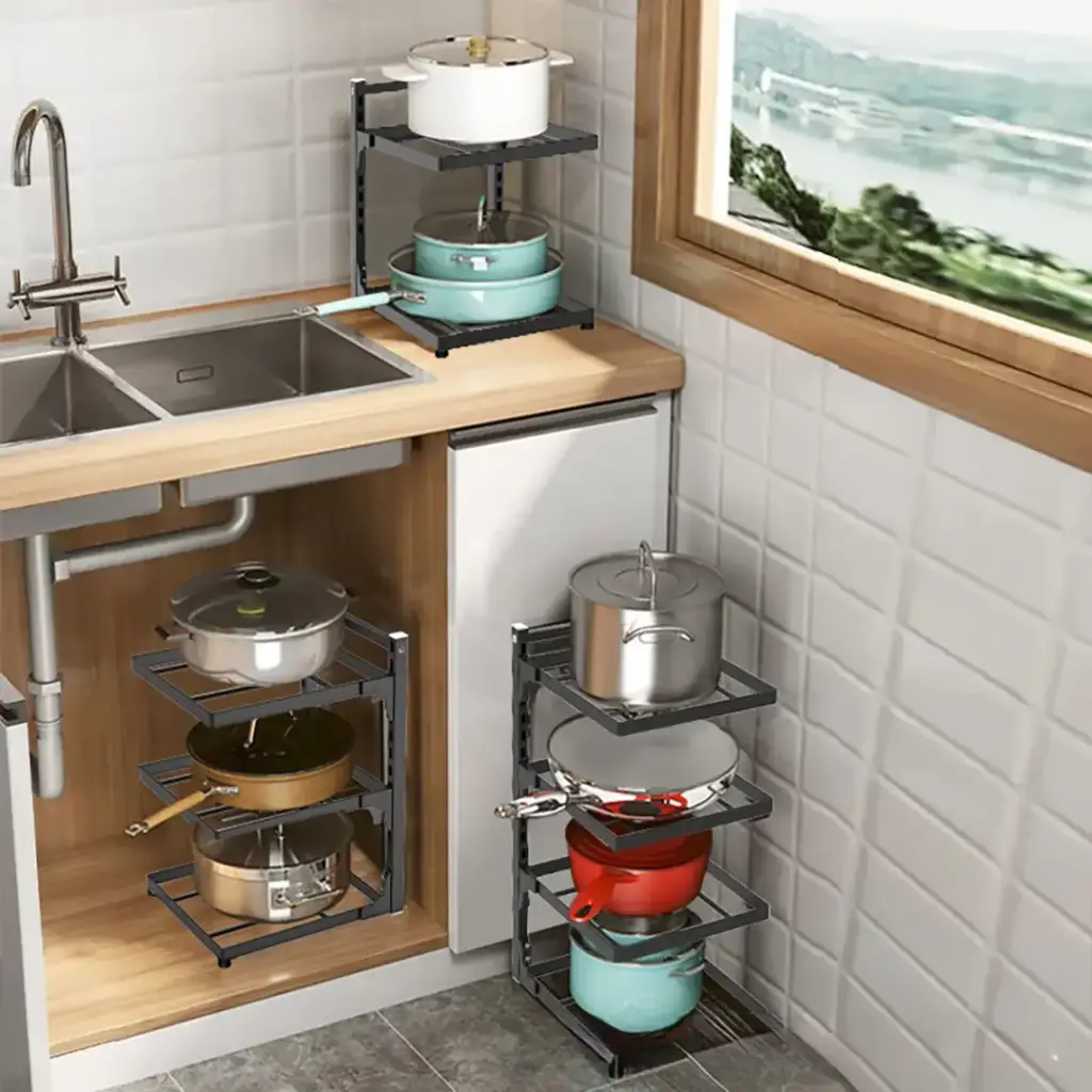 Corner kitchen storage racks with pots and pans.