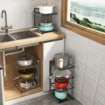 Corner kitchen storage racks with pots and pans.