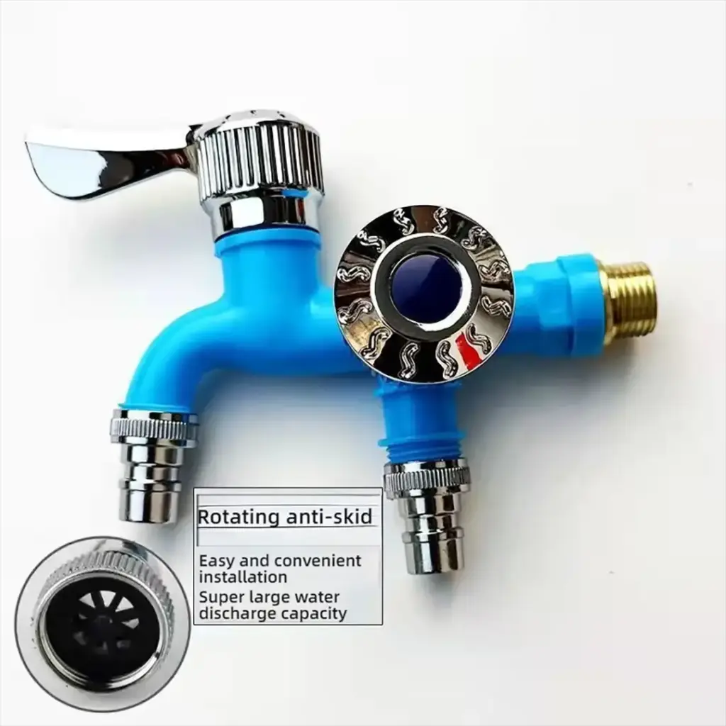 Blue dual-outlet water faucet with rotating anti-skid feature.