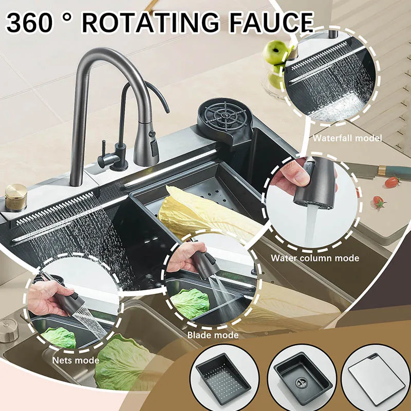 Kitchen sink with 360-degree rotating faucet and multiple spray modes.