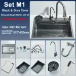 Set M1 black and grey kitchen sink with accessories.