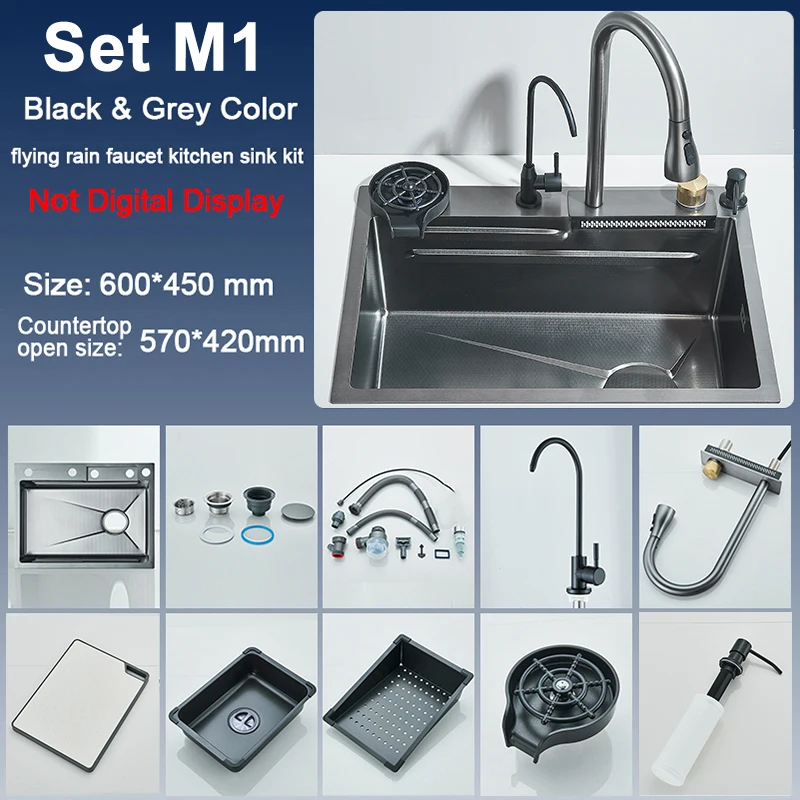 Set M1 black and grey kitchen sink with accessories.