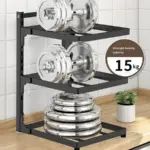 Kitchen storage rack with weights, showcasing strong bearing capacity.