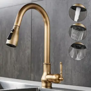 Bronze kitchen faucet with three water flow options.