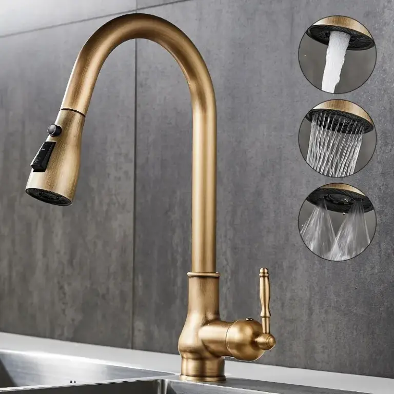 Bronze kitchen faucet with three water flow options.