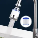 Water filter attached to a kitchen faucet with a replacement cartridge shown.