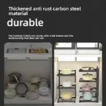 Before and after storage of kitchen pots on a sturdy carbon steel rack.