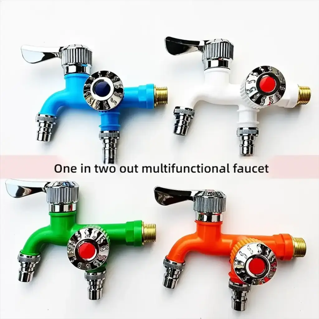 Four colorful multifunctional faucets with dual outlets.